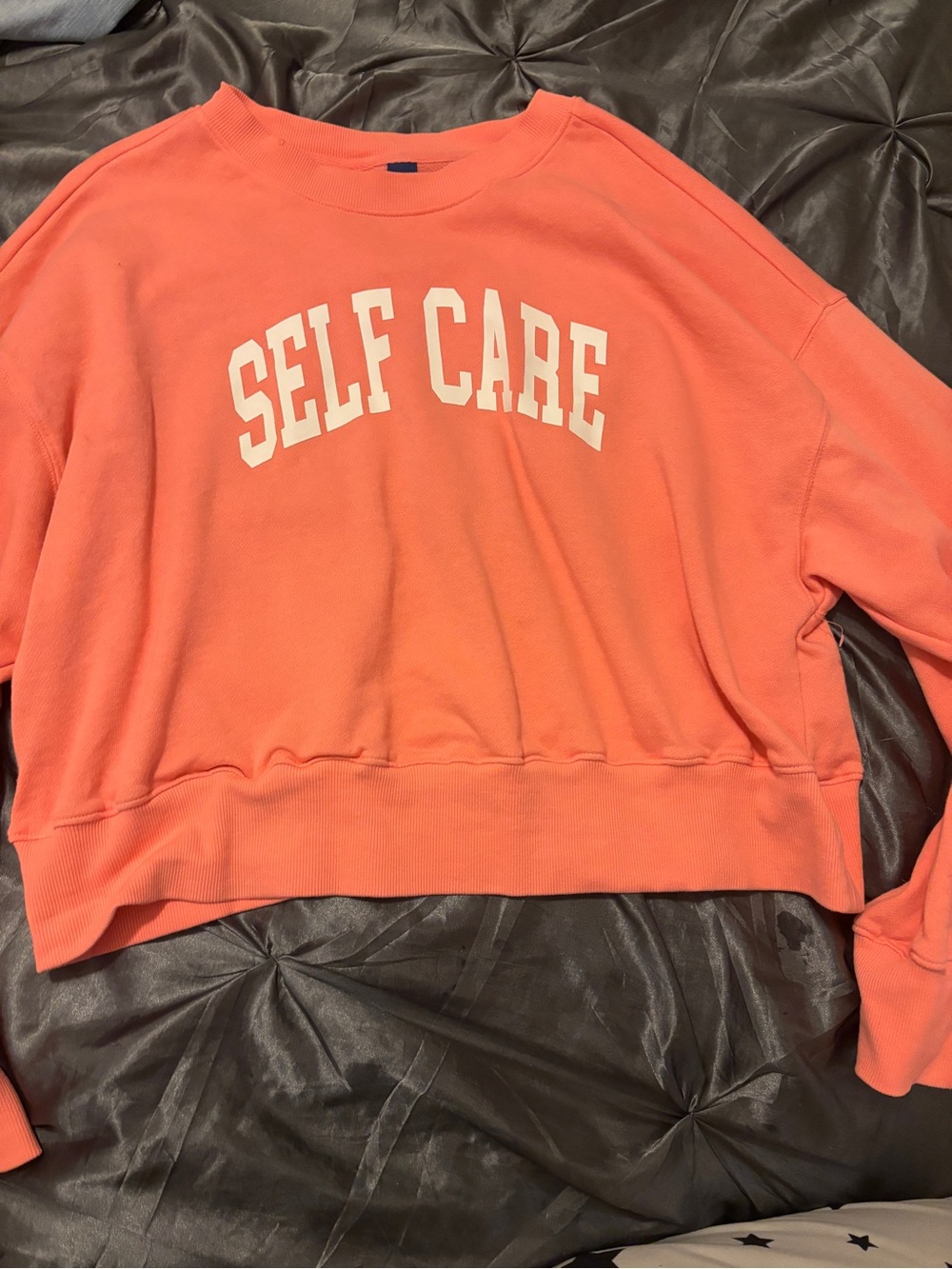 Old Navy Coral Crewneck Sweatshirt with White 'SELF CARE' Lettering